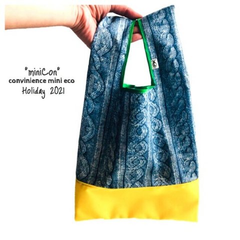 Holiday★コンビニサイズのレジ袋型”miniCon"エコミニバッグ【だまし絵ノルディックニット】青と黄色