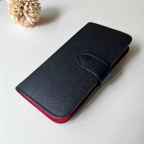 本革　手帳型スマホケース　Iphoneケース　black+red