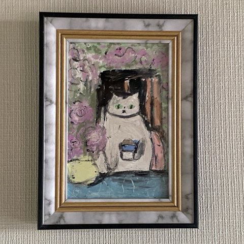 絵画。原画【ピンクのバラが咲いている時、猫ちゃんは椅子でコーヒーを飲みます】