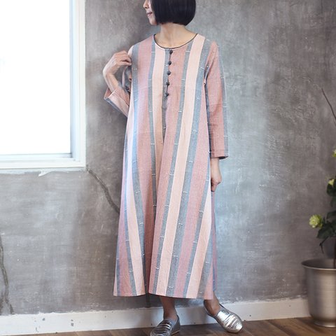 手織りコットンのチャイナボタンワンピース【ピンク】