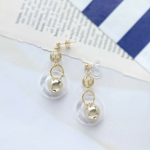 *2292*Clear hoop gold beads earring／pierce