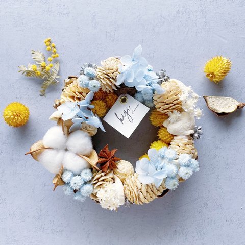 【white nuts blue wreath】ホワイト 木の実 ブルー リース ドライフラワー 