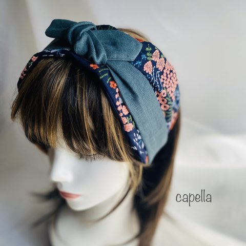 ⭐️capella⭐️オリジナル　春満載〜刺繍が美しいお花畑の紐ターバン　濃紺とくすみグリーン　リバーシブル