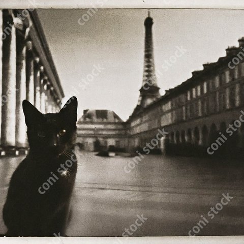 パリの黒猫、レトロ、モノクロ、アート、古びた写真　conistock_69111-2_01