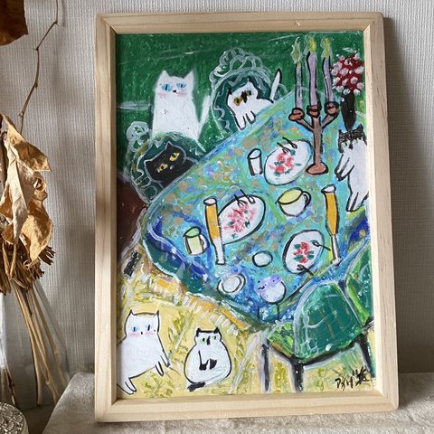 絵画 。手描き【猫たちの美しいろうそく、美味しいシャンパンディナーの夜】