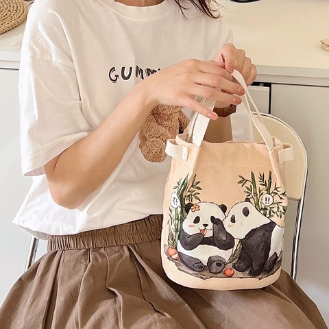 Panda パンダ トートバッグ ショルダー 花花 和花 パンダ柄 エコバッグ 学生手袋 かわいい 中国のパンダ キャンバスバッグ