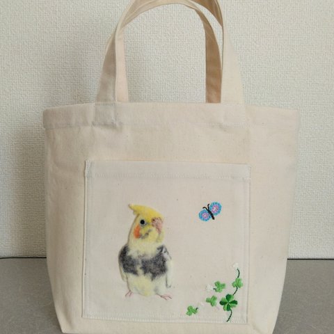 【オーダー品】羊毛フェルト刺繍＆刺繍  トートバッグ  オカメインコ