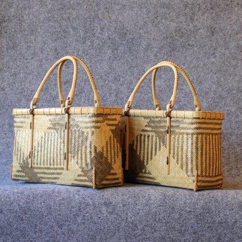 竹の交色網代編みバッグ（丸籐持ち手）
