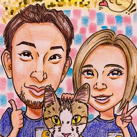  【ペットと一緒に似顔絵 パステルタッチ】世界で一枚のオーダーメイド似顔絵☆結婚式、誕生日や結婚記念日のギフトに