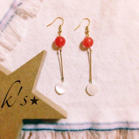 #01 k's ★ オレンジビーズとシェル華奢ピアス