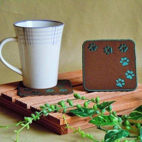 猫の肉球刺繍コースター　ブラウン5枚セット