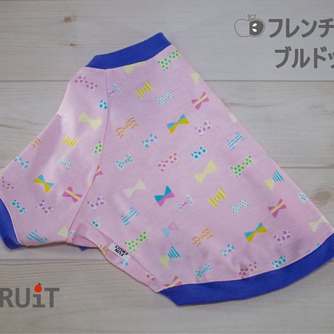 フレンチブルドッグ・パグ 用【フレブル 犬服】【袖付き】りぼん（ライラック×ピンク）半袖 ラグラン Ｔシャツ 