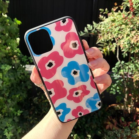 iPhone11/11pro/11proMaxケース 強化ガラス北欧花柄　水色×ピンク