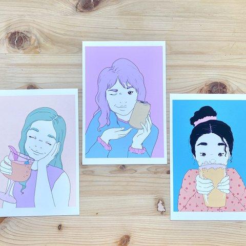 Friday Night Drinks Girls Postcard Set of 3 金曜日のお酒ガールはがき3枚セット