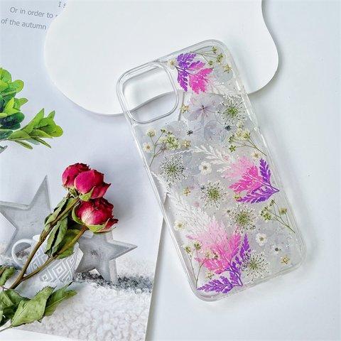 紫陽花とかすみ草、押し花スマホケース、全機種対応、スマホリング、ストラップホルダ一、手帳型、iPhone14、iPhone14plus、iPhone14Pro、iPhone14promax