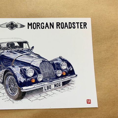 018. 車イラスト(クラシックカー  レトロ)  色鉛筆画  2Lサイズ  MORGAN ROADSTER  Classic Car