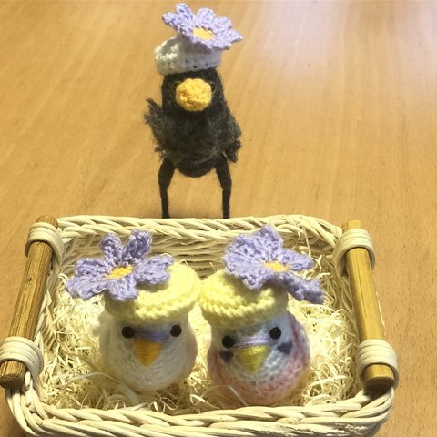 インコちゃん用♡コスモス☆ベレー帽子（クリームイエロー＆ライラックコスモス）