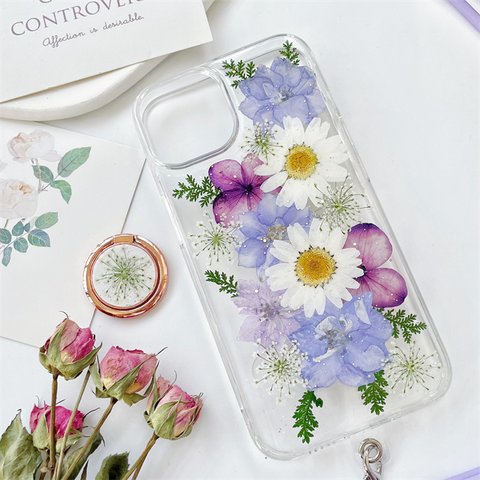 紫陽花＆千鳥草、押し花スマホケース、全機種対応、手帳型、四隅にショルダーホール、iPhone15、iPhone14、iPhone15plus、iPhone15Pro、GooglePixel7