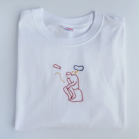 【再販】"ロダンの考える人"刺繍Tシャツ　ホワイト