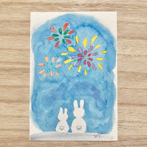 🐰「花火に酔いしれるうさぎたち」水彩画イラストポストカード2枚セット ウサギ　暑中見舞い　残暑見舞い　癒し🐰