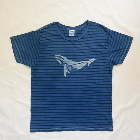 送料無料 鯨の藍染ボーダークルーネックTシャツ　マリンボーダー 海
