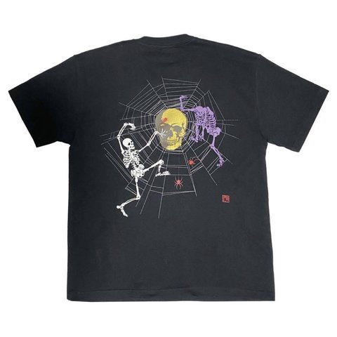 ユニーク　ダンシングドクロ　手染め京友禅Tシャツ　バックプリント　長袖半袖が選べる