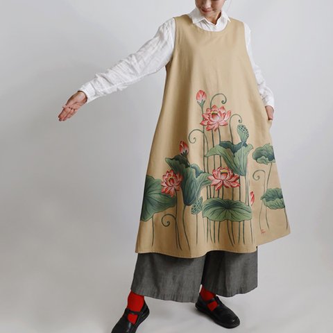 ⁂母の日ＳＡＬＥ　手描きART　和画衣　清らかに咲く蓮　花　ワンピース　ゆったり　ジャンパースカート　日本画　K80A