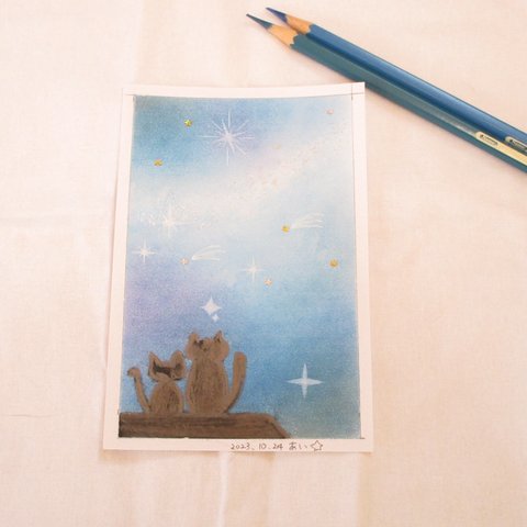 夜空と猫ちゃん パステルアート 原画