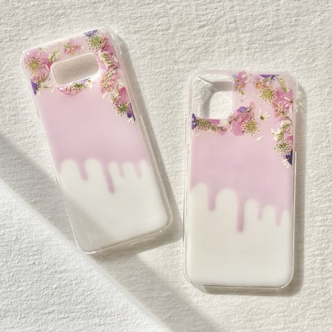 【drip flower】 押し花スマホケース　全機種対応　ソフトケース　手帳型ケース　iPhoneケース　バンパーケース　11 12 13 14 15 8 SE2 ラベンダー　ピンク　ドリップケーキ