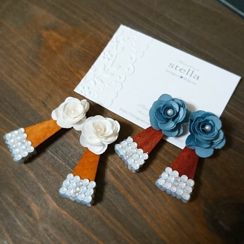 stella＊ウッドにSWAROVSKIとお花ピアス・イヤリング