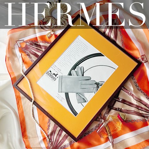 ＜1956 広告＞ HERMES エルメス  グローブ  ポスター ヴィンテージ アートポスター 額縁 フレーム付き オレンジ モダン おしゃれ インテリア かわいい 壁掛け  ポップ モノクロ