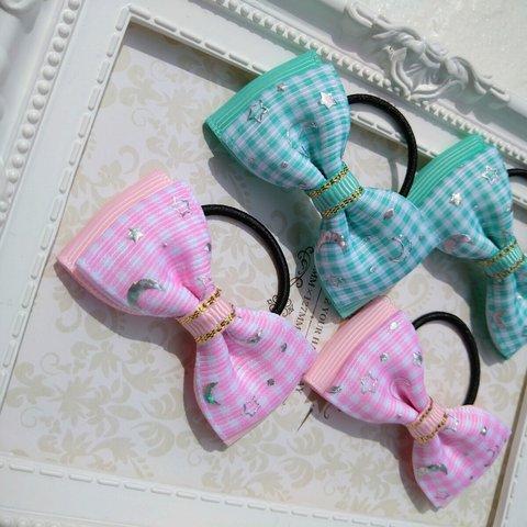 【再販】2組セット☆重ねリボンヘアゴム☆チェック☆ホログラム☆キッズベビー