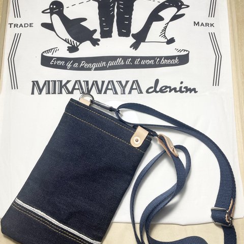 三革屋denim 岡山県産セルビッジデニム使用 スマホポーチ ショルダーポーチ インディゴ 手づくり ファッション