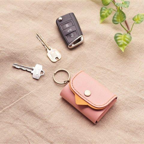  ✻　🚗スマートキーケース　～simple ◐two-tone ～　✻ 　牛革　✻　桜ピンク　×　濃キャメルオレンジ　✻ 