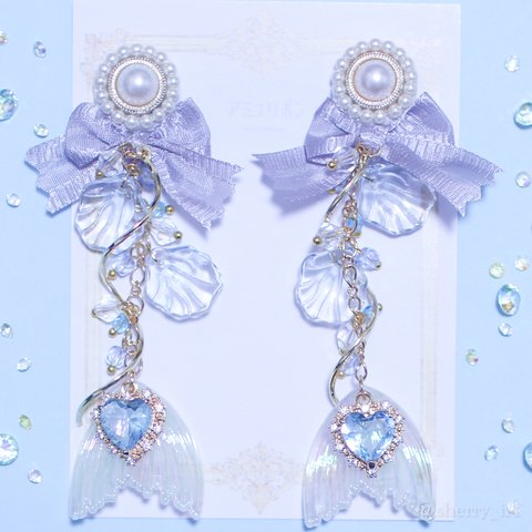 透き通る海の煌めきとaqua blue mermaid 【ロリィタ/ロリータ　マーメイド　人魚姫　オーロラ　桜　サーモンピンク　ピンク　リボン　パール　ピアス／イヤリング】