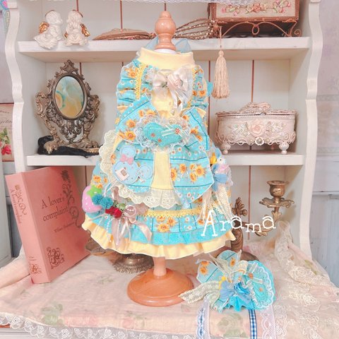 完成品　ロリータワンピース&ヘッドドレス　ひまわり🌻　イエローブルー　家の子記念日　お誕生日🎂　撮影会　