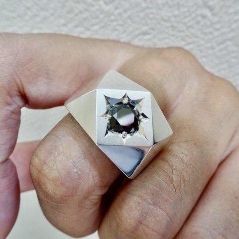 仁尾彫金『一つ星ブラックジルコニア、ブロックシルバーリング』ハンドメイド256