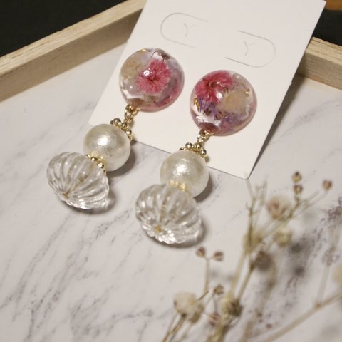 flower×コットンパール　ロング　ピアス　イヤリング