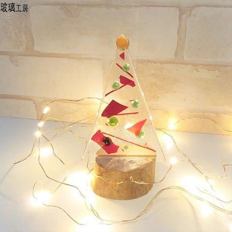 クリスマスツリー　クリスマス　グリーン　緑　赤　レッド　インテリア　飾り　天然木　ガラス　フュージング　I