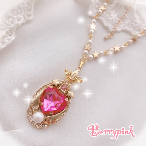 Berrypink♡ピンクハートビジューと天使の羽のネックレス♡