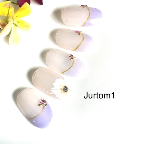 Jurtom48  ネイルチップ　　ブライダルネイル、フレンチネイル、花ネイル、パープルネイル、紫ネイル、手描きネイル、成人式ネイルjurtom 1オリジナルのデザイン