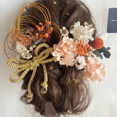 no.2【お花と金箔のセット】成人式　卒業式　結婚式　髪飾り　オレンジ