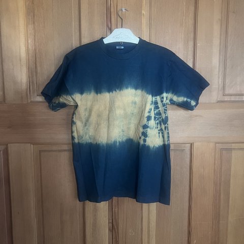 藍と柿渋染の横絞りTシャツ　M