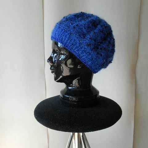 ブルーモヘアのスパンコールベレー帽