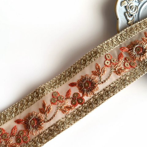 インド刺繍リボン（28cm）　オレンジゴールドフラワー　No.A