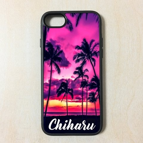 オーダーメイド S050 Pink Hawaii 名入れ iPhone ケース アイホン アイフォン 夕日 夕焼け パームツリー ヤシの木 ビーチ 景色