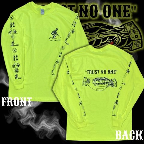 sold out  ネオンイエロー　trust no oneタトゥー ロンT チカーノローライダーウエッサイ好きに