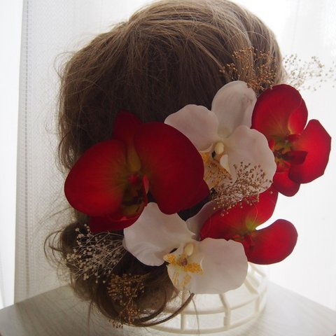 〔再販多数〕紅白胡蝶蘭、かすみ草の花嫁和装髪飾り◆成人式や前撮りヘッドドレスに