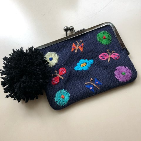 フラワー刺繍 ガマ口コインケース (スクエア)