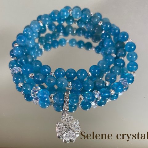 ブルーアパタイト　3連　ブレスレット　四葉クローバー　天然石ブレスレット　Selene crystal